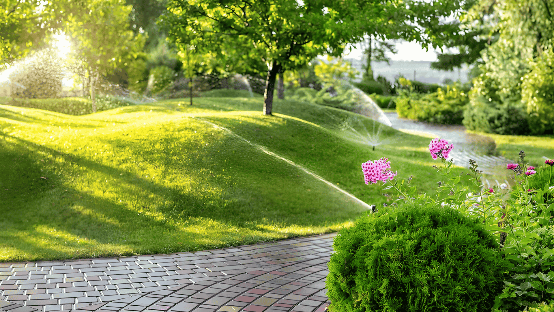 Lawn sprinkler irrigation system watering green grass in residential landscape