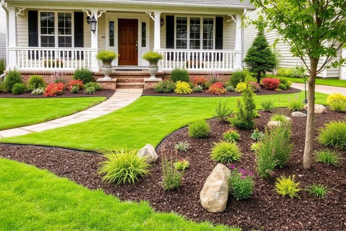 Experienced landscaper shaping planting beds and inspecting lawn health with careful precision